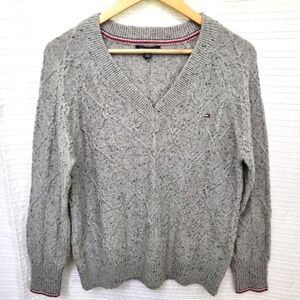Tommy Hilfiger Cable Knit Sweater V-Neck Light Grey Heather Loose Women's XXS